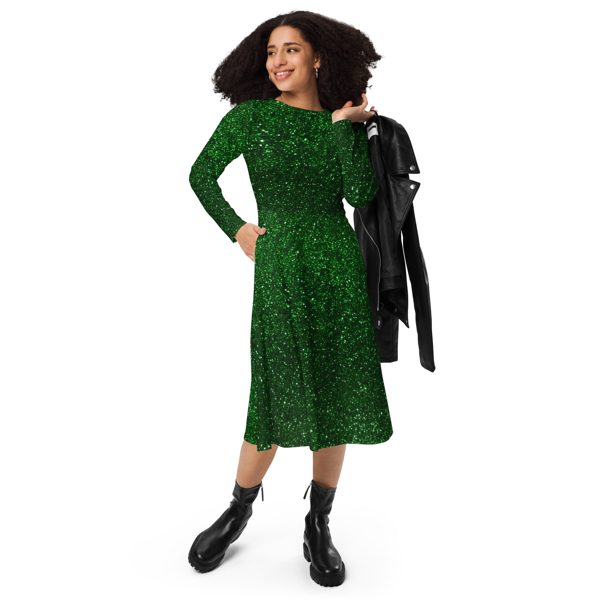 Sage Sophistication: Elegant Long Sleeve Green Midi Dress