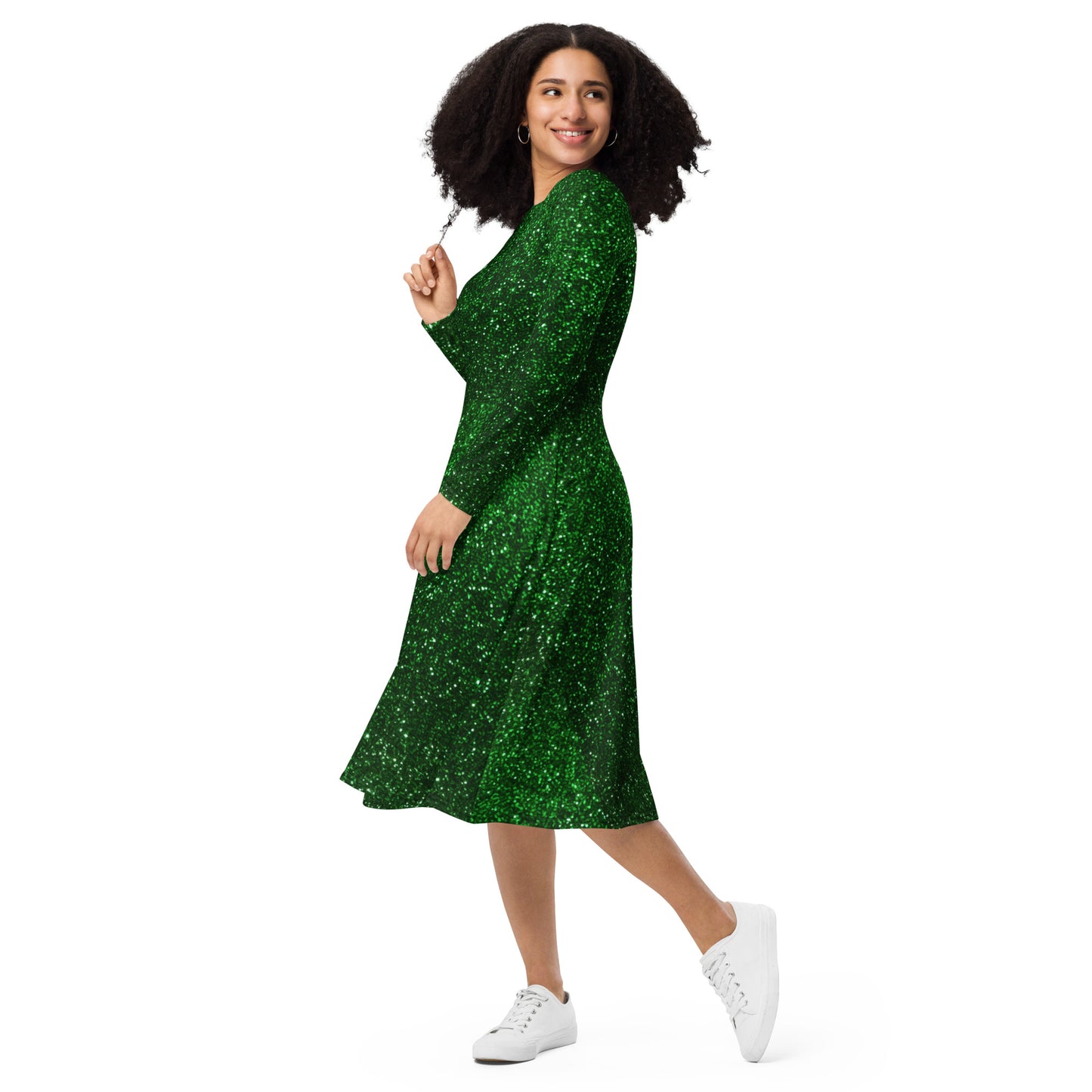Enchanting Ivy: Green Long Sleeve Midi Dress for Effortless Style