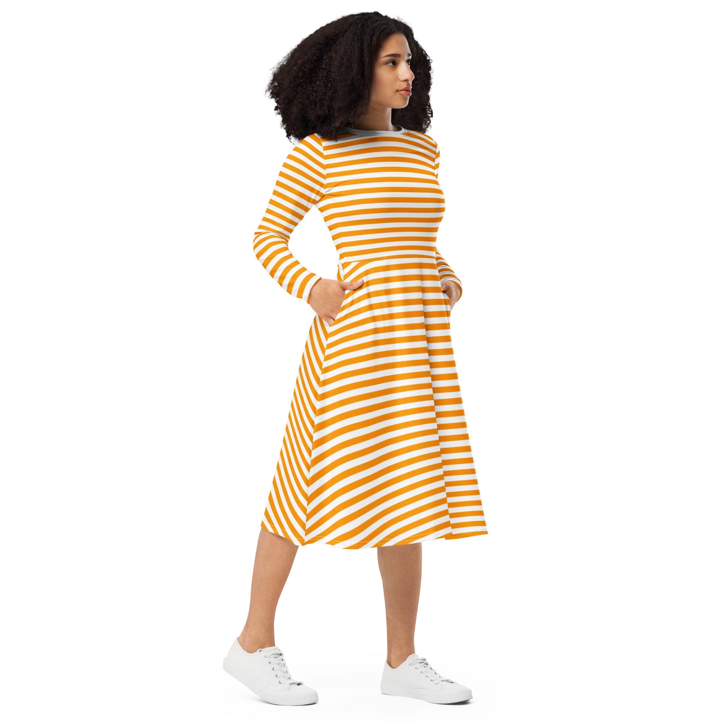 Front Side Orange And White Striped Dress Long Sleeves