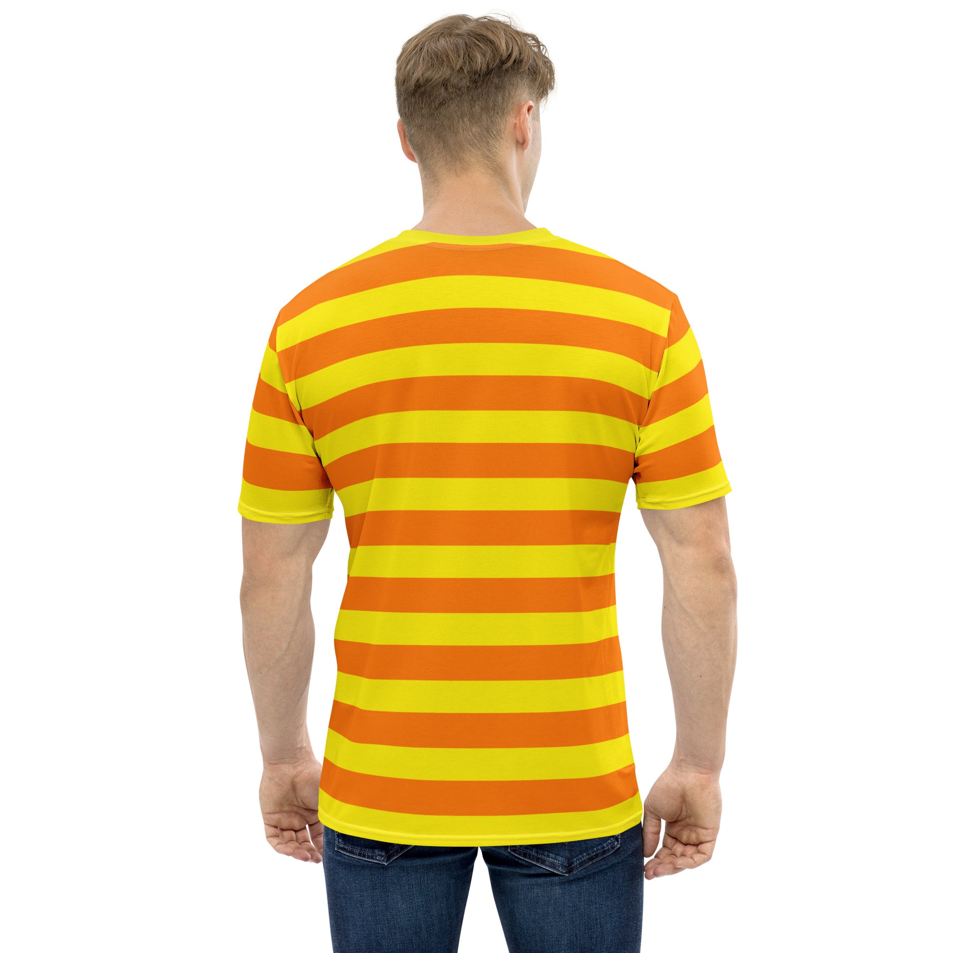 Men's orange and yellow striped t-shirt, back view