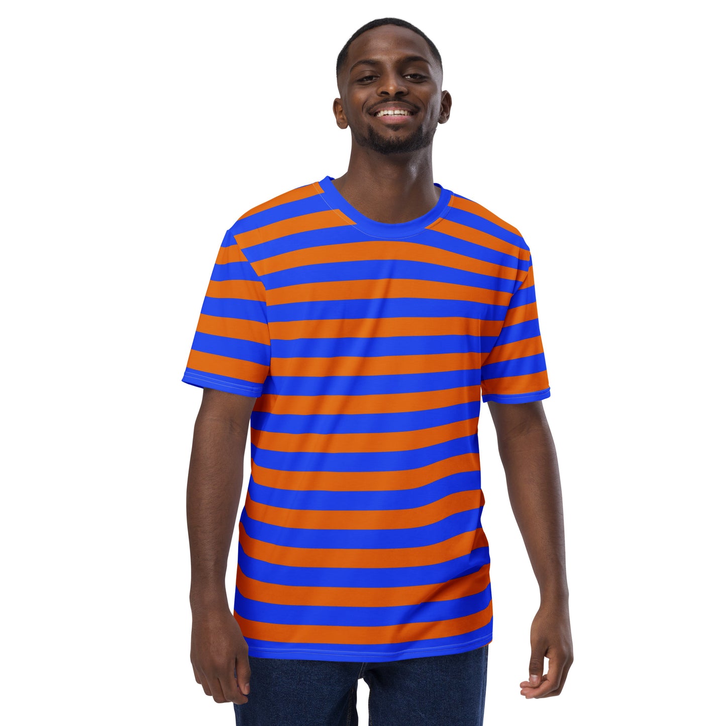 Crew-neck blue and orange striped men's T-shirt