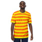 Man wearing an orange and yellow striped t-shirt
