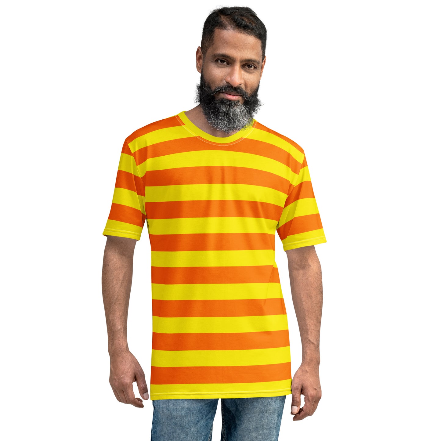 Orange and yellow striped t-shirt on a model