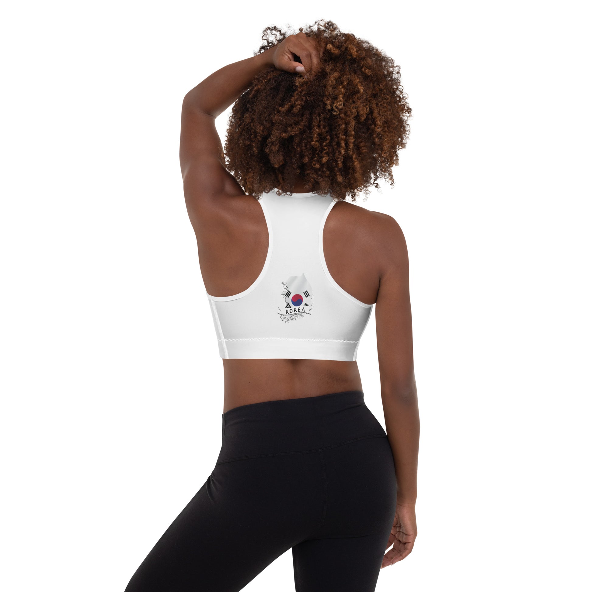 Breathable padded sports bra featuring a South Korean flag, ideal for workouts.