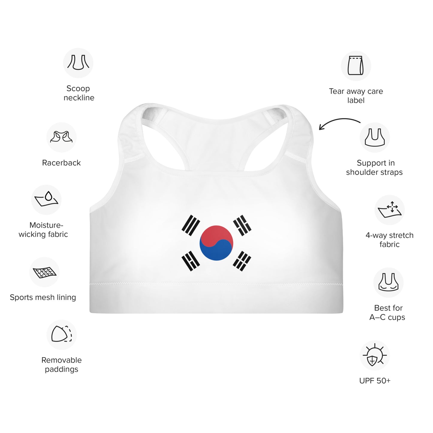 South Korean flag sports bra for showing national pride during workouts.