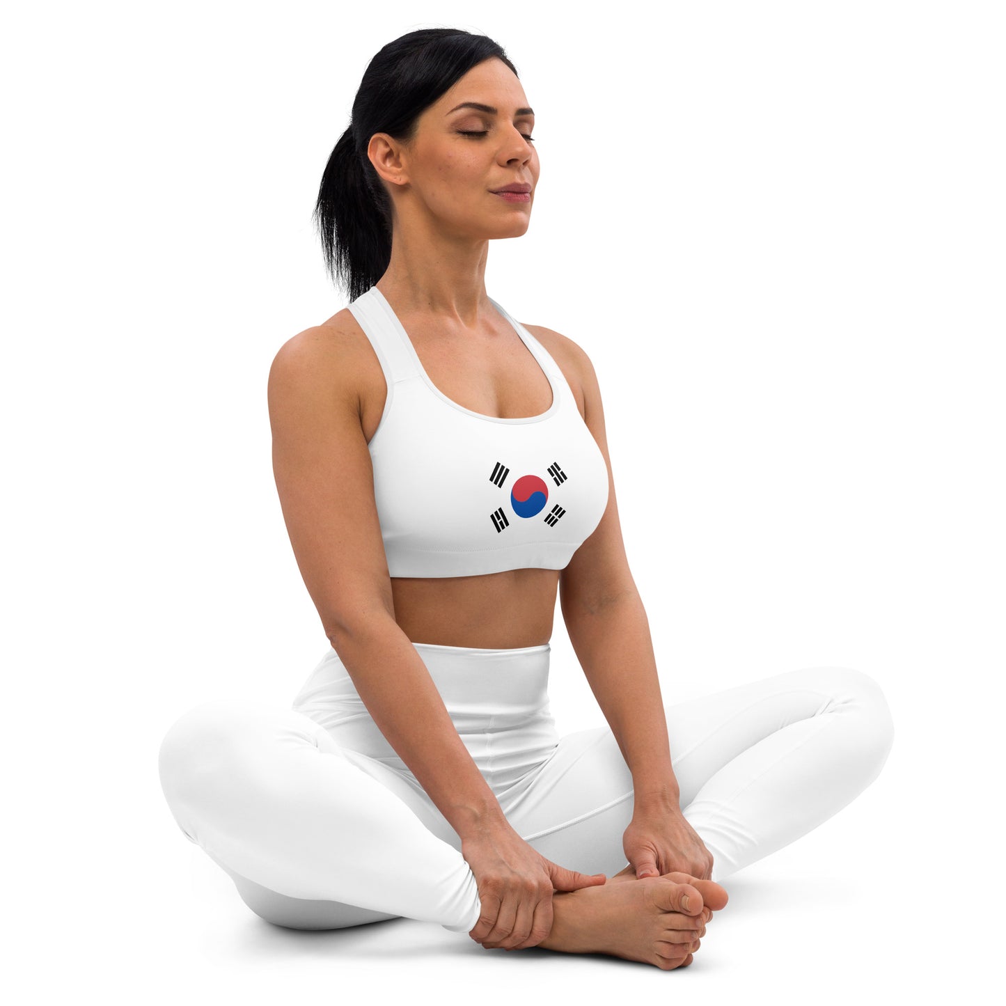 Supportive padded sports bra featuring a South Korean flag, engineered for optimal workouts.