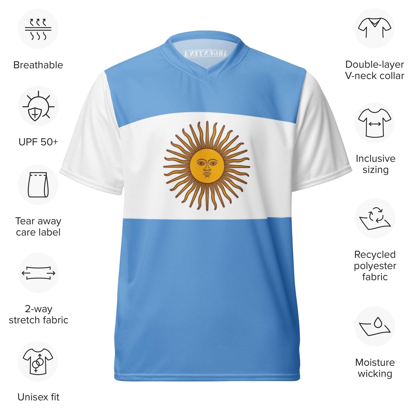 Maillot de sport unisexe en polyester recyclé drapeau argentin, tailles 2XS à 6XL