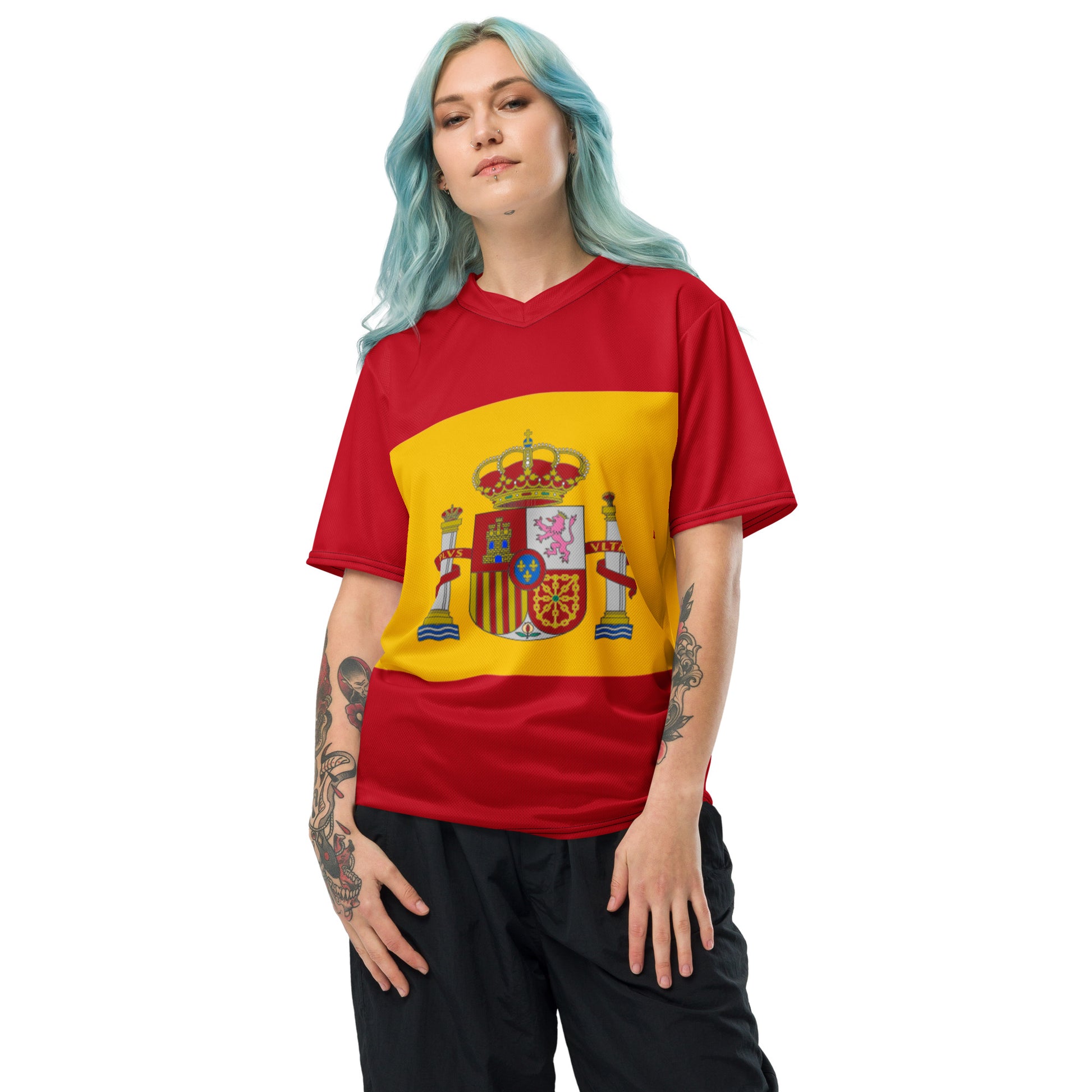 Front view of Eco-Friendly Spain T-shirt featuring Spanish flag