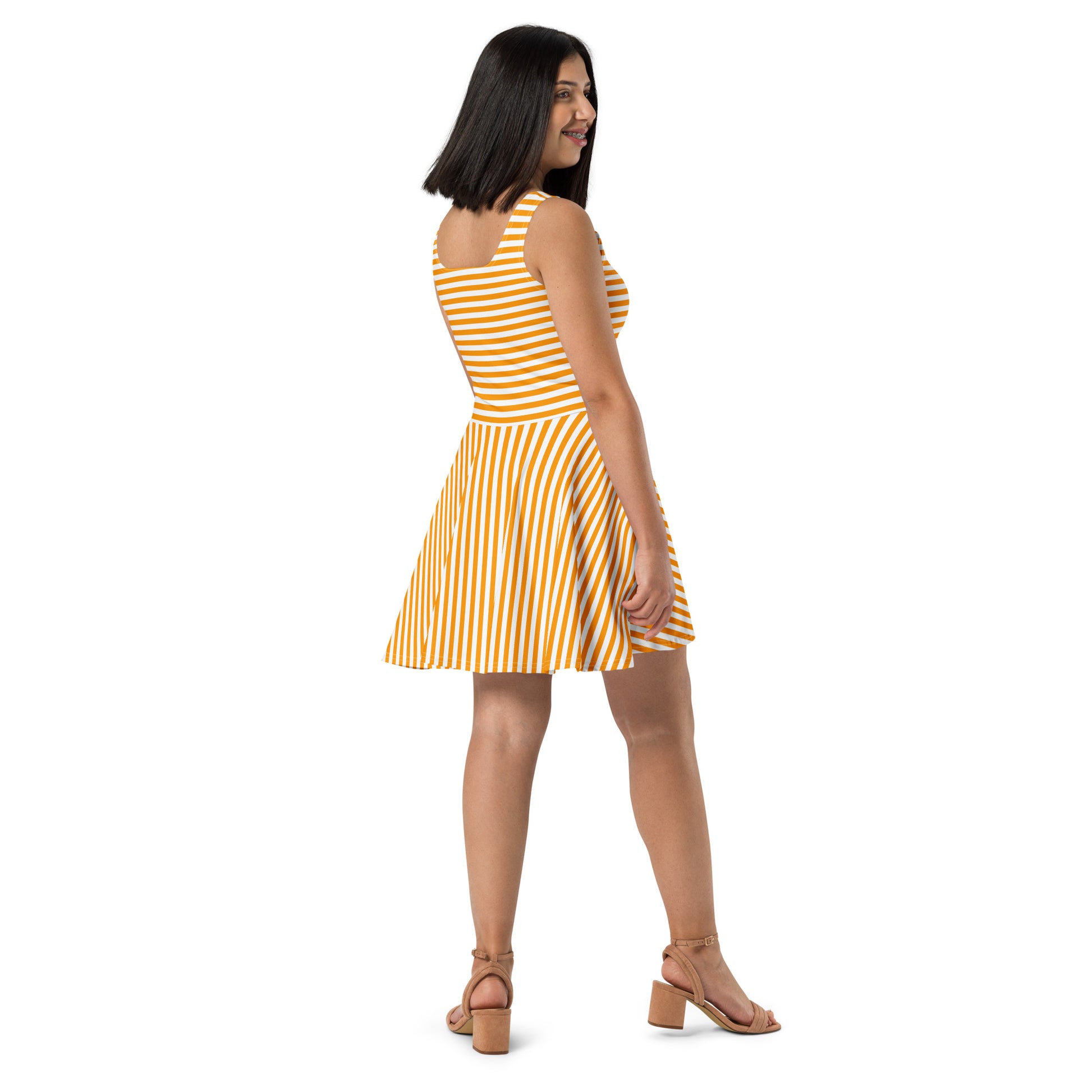 Back Side Orange Striped Dress / Mid-thigh Length Fared Skirt