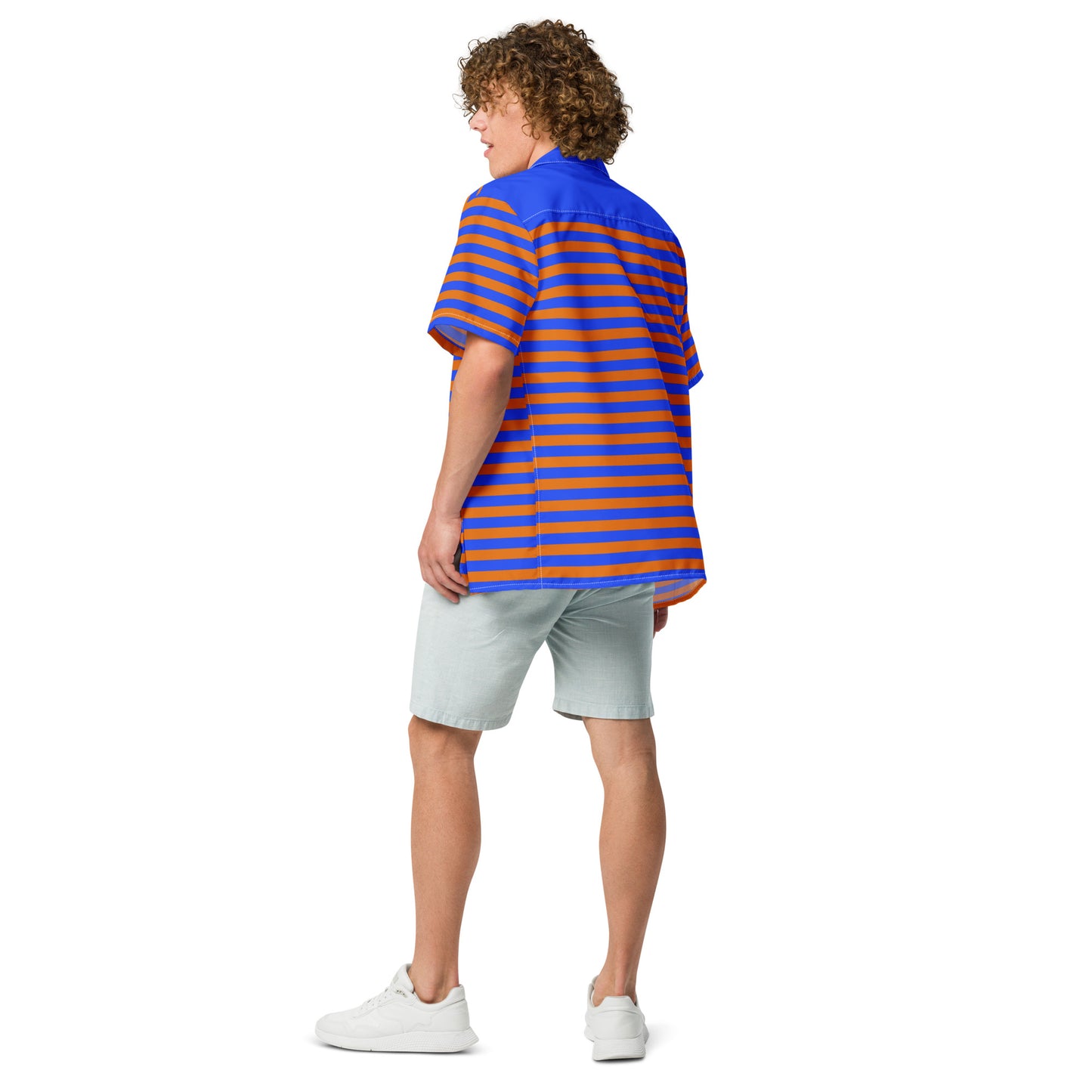Stay fashionable with this blue and orange striped button-up shirt, perfect for any occasion.