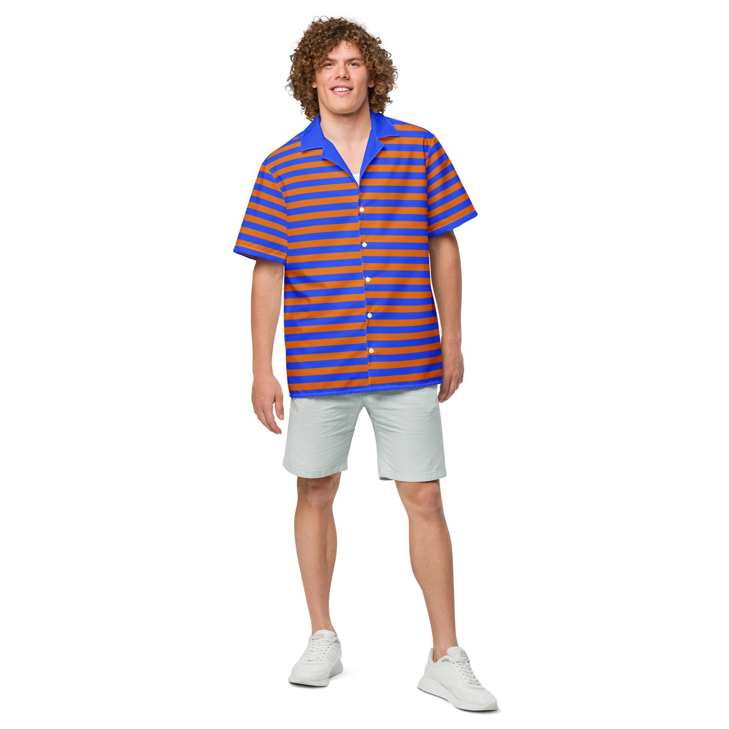 A stylish short sleeve shirt featuring blue and orange stripes, adding a touch of flair to your wardrobe.