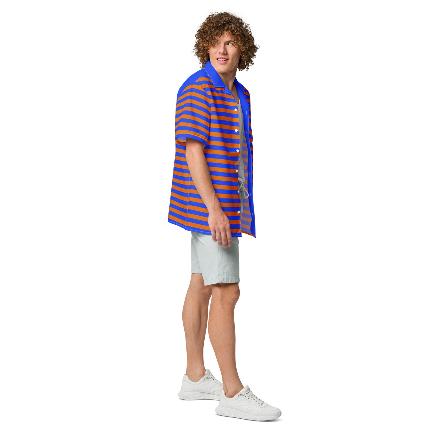 Blue and orange striped button-up shirt, short sleeve.
