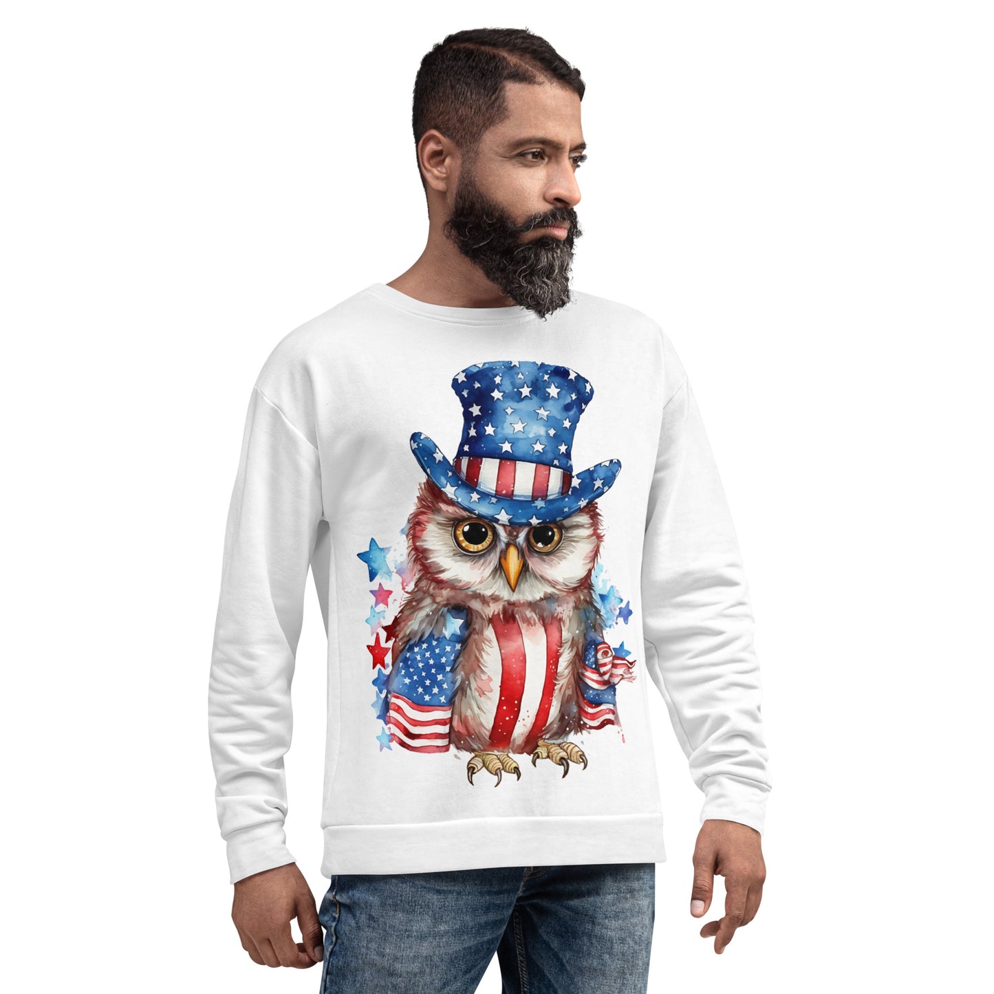 Patriotic Owl Lover's White Sweatshirt / USA Colors Owl Sweatshirt For Owl Enthusiasts