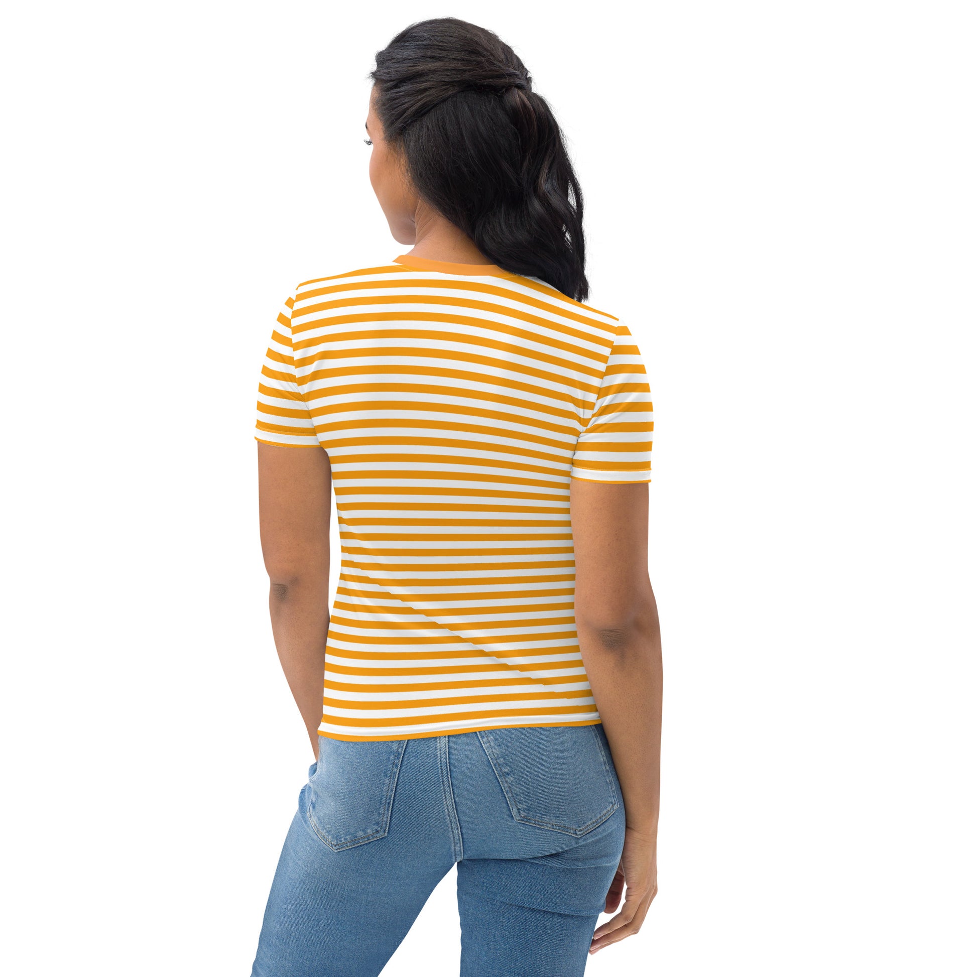 Orange and white striped t-shirt with a relaxed fit