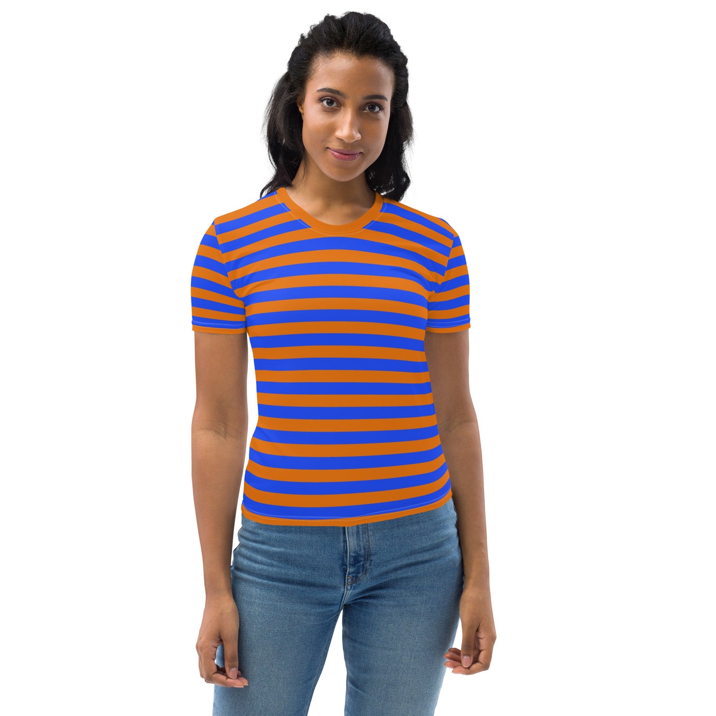 Blue and orange striped crew neck t-shirt for women