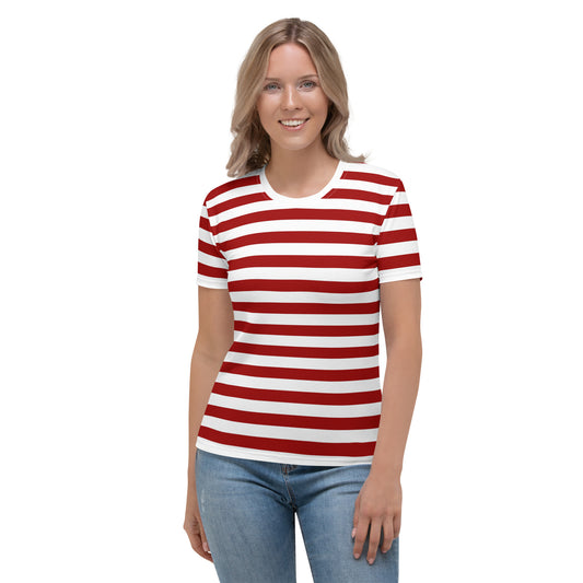 T-shirt às riscas vermelhas e brancas para mulheres