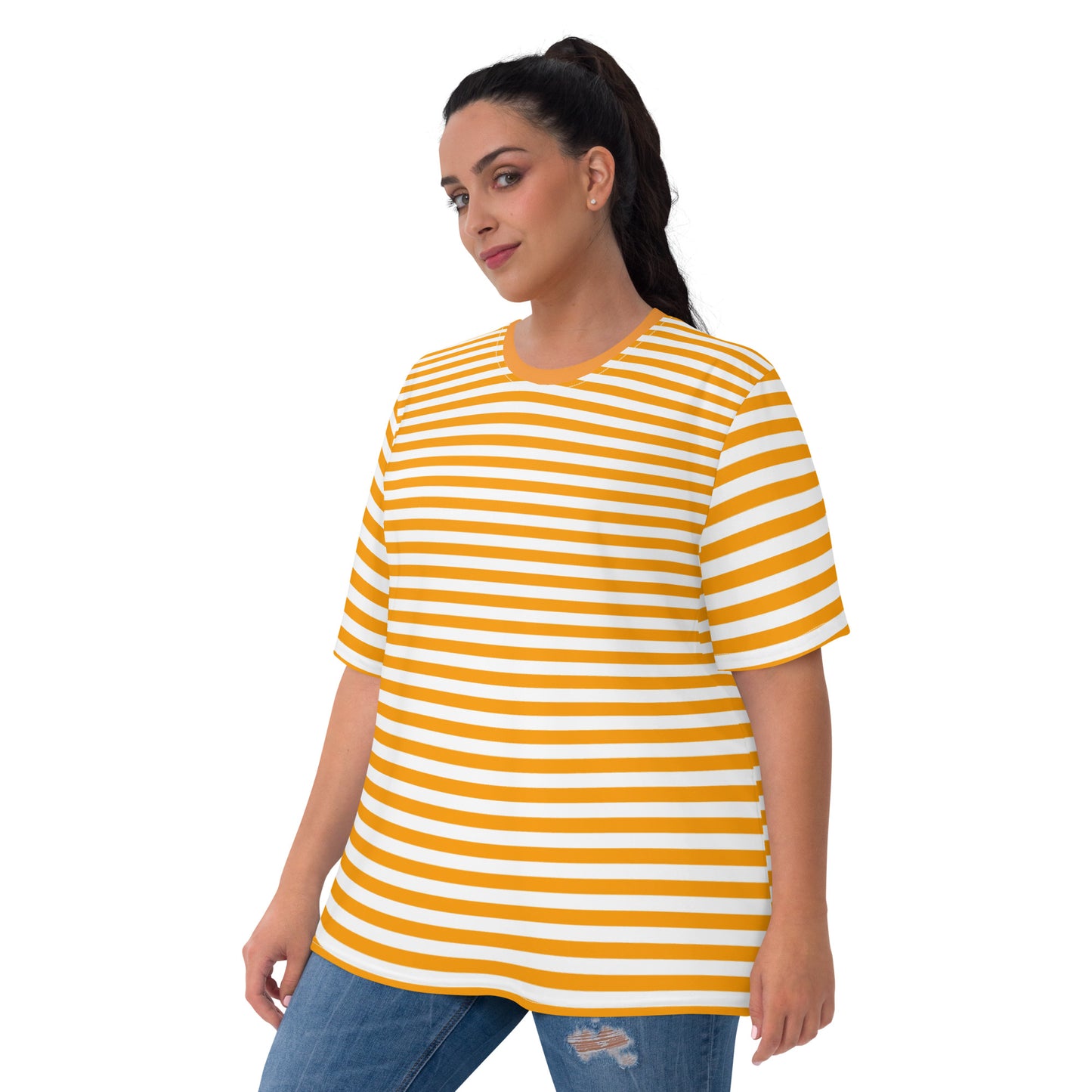 Orange and white striped t-shirt that is a must-have for any woman's wardrobe