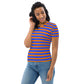 Confident woman wearing a blue and orange striped crew neck t-shirt for women