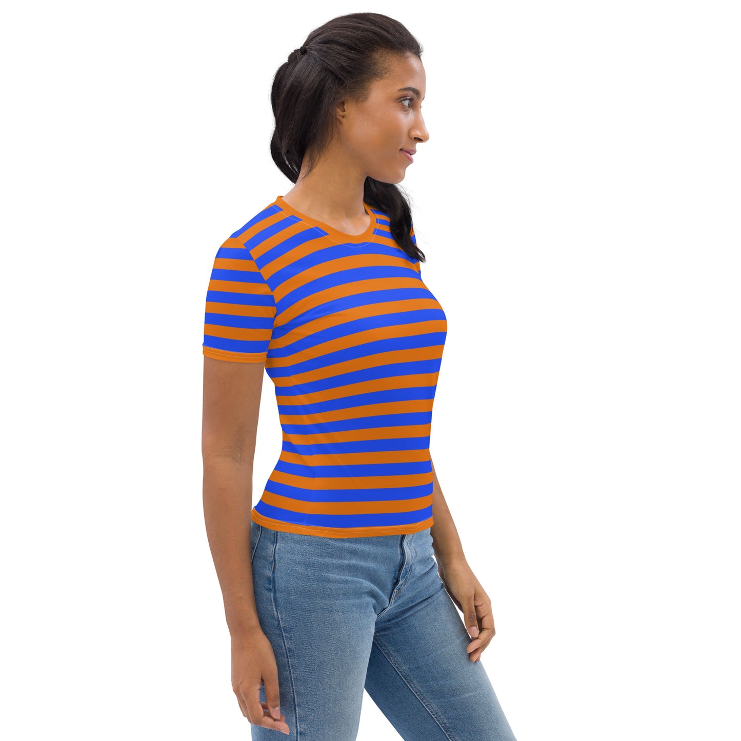 Relaxed-fit blue and orange striped crew neck t-shirt for women