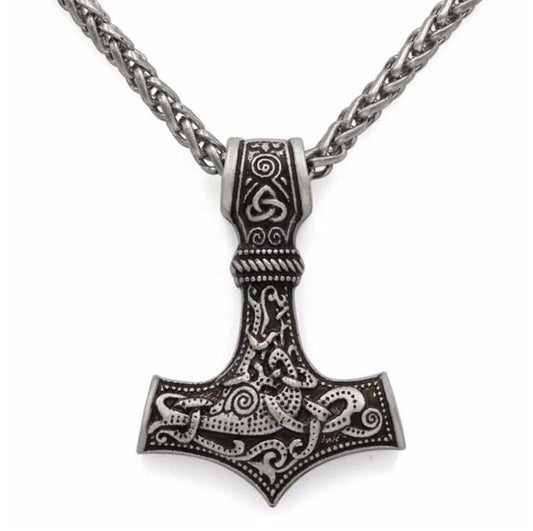 ancient silver viking hammer necklace close up