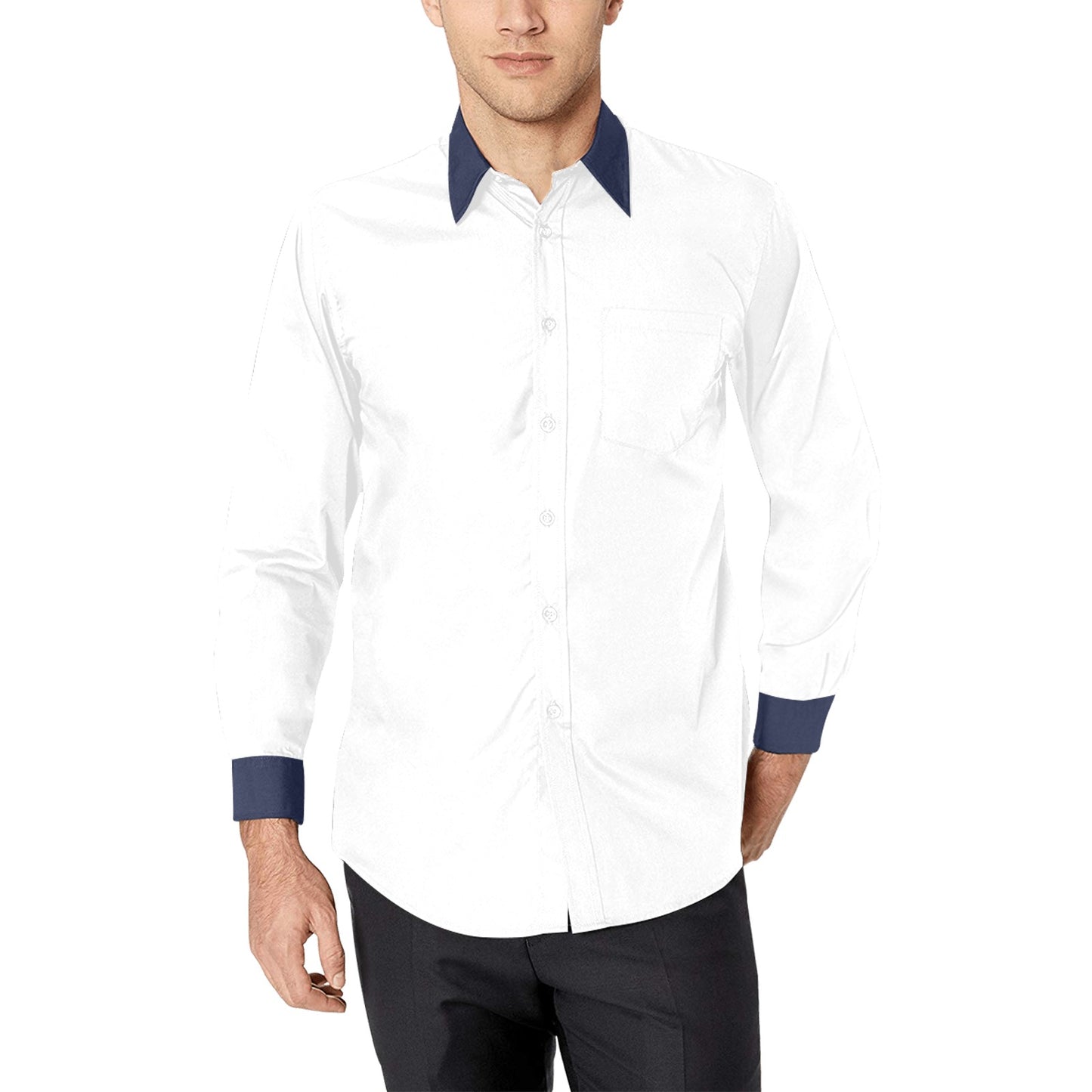 Men's white shirt with blue button-down collar and cuffs