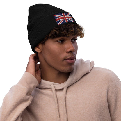 black Ribbed Knit Embroidered UK Flag Beanie