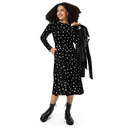 Black And White Polka Dot Midi Dress With Long Sleeves XL Black And White Polka Dot Midi Dress With Long Sleeves XL