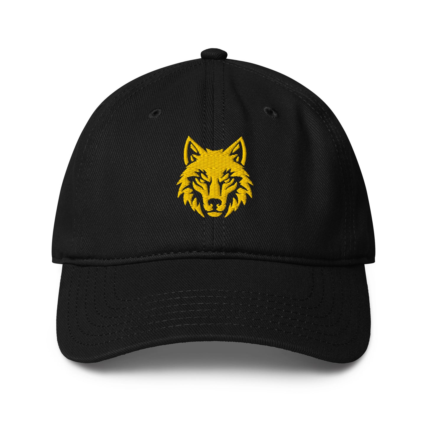 black baseball cap hat with gold Dacian wolf embroidery front view