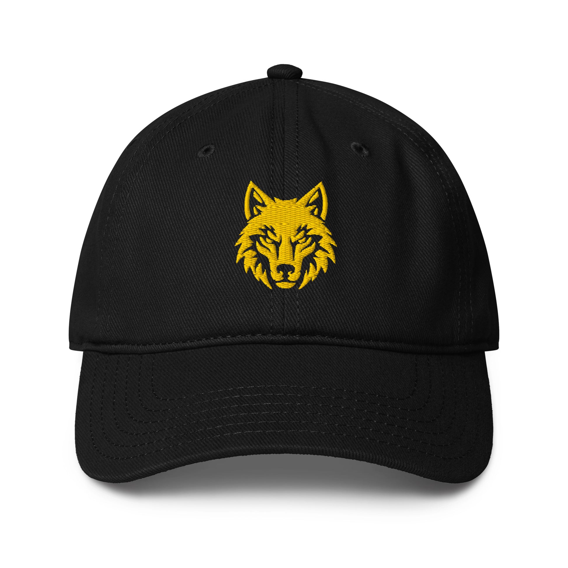 black baseball cap hat with gold Dacian wolf embroidery front view