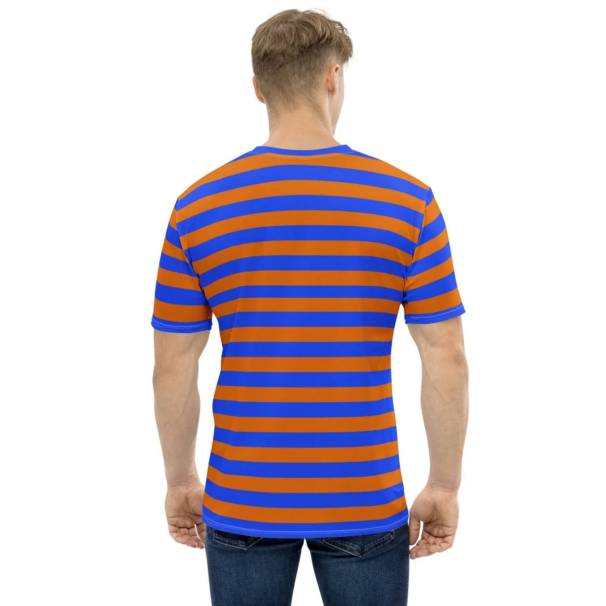 blue orange striped shirt back view