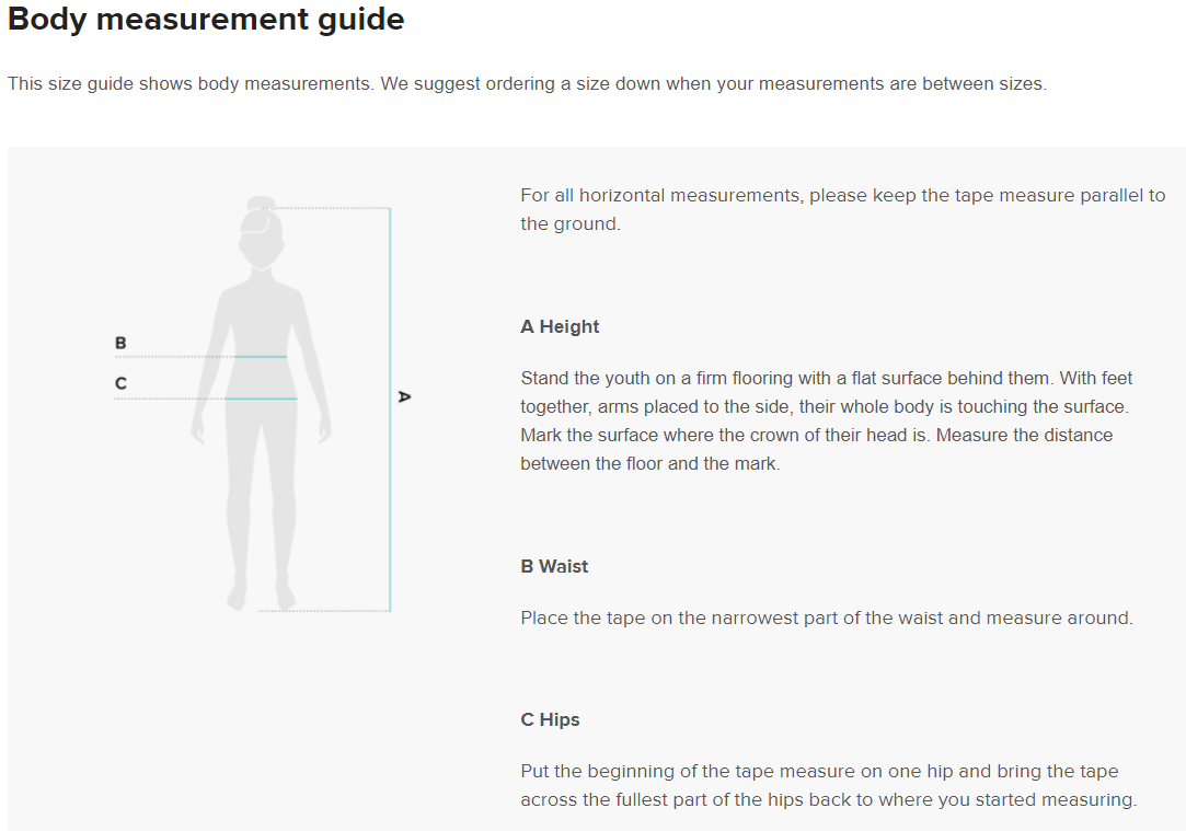 Body measurement guide for teens leggings