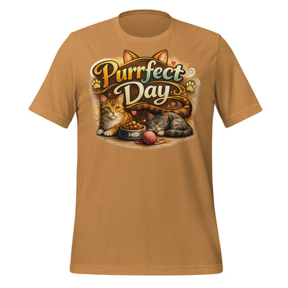 cat T-shirt featuring sleeping cats and food bowl design