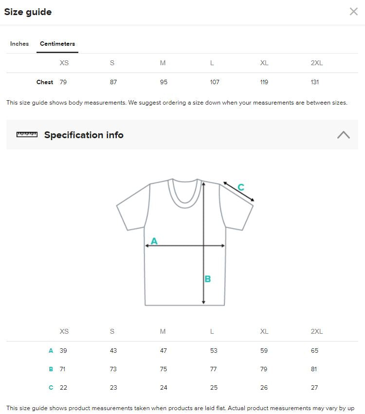 Size guide centimeters Foundation Together For Ukraine t-shirt for men