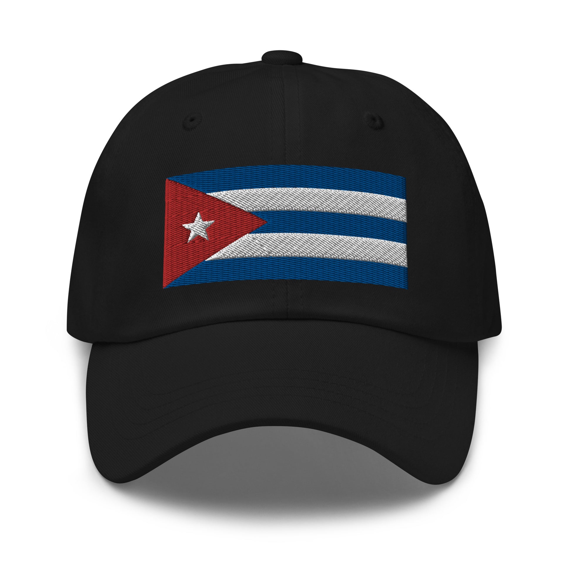 High-Quality Embroidered Cuban Flag Dad Hat: Dad hat with a vibrantly embroidered Cuban flag, built to last. Black color dad hat.