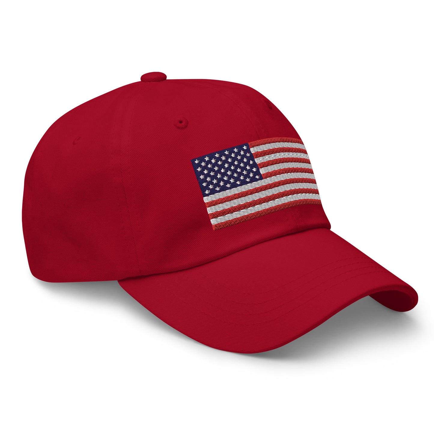 Everyday wear embroidered USA dad hat, adjustable and red color.