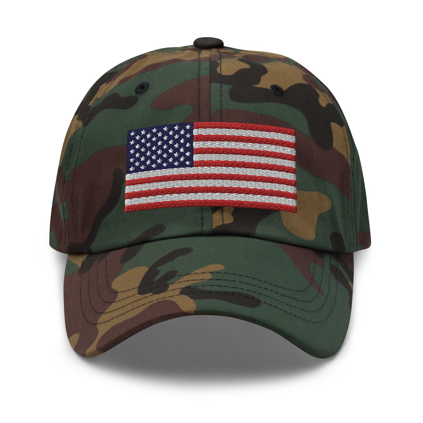 Show your patriotism with this embroidered USA dad hat, green camouflage color