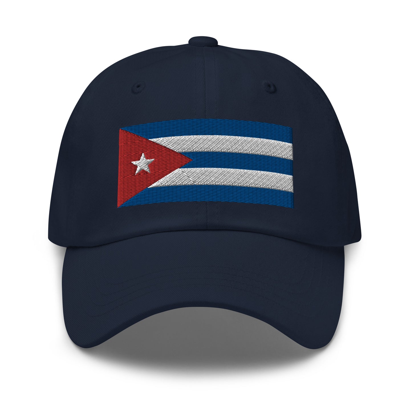 Embroidered Dad Hat for Cuba Enthusiasts: Dad hat featuring the Cuban flag, perfect for anyone who loves Cuba. Navy color hat.