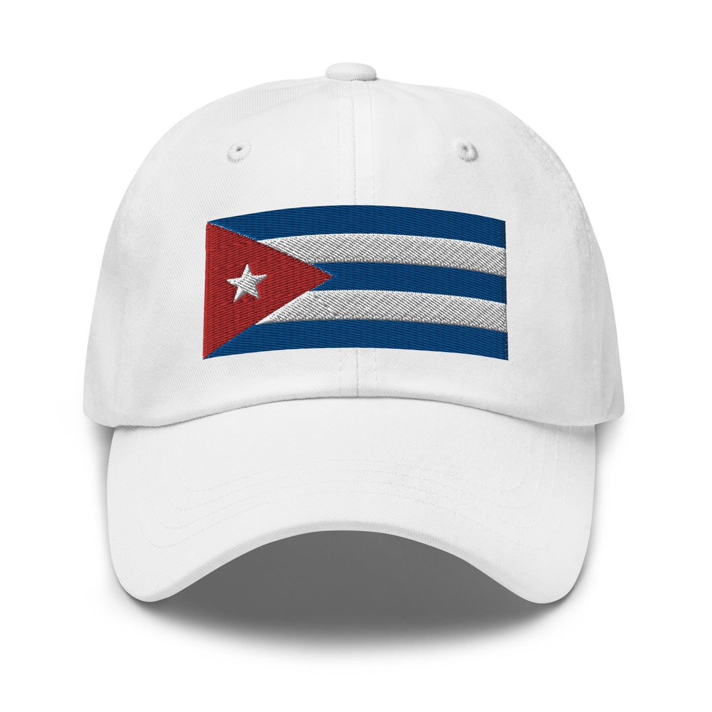 Cuban Flag Dad Hat - Adjustable Closure: Comfortable dad hat with an adjustable closure for a perfect fit. White color dad hat.