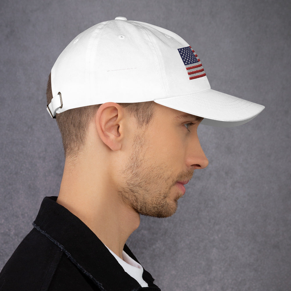 White embroidered USA symbol on comfortable dad hat