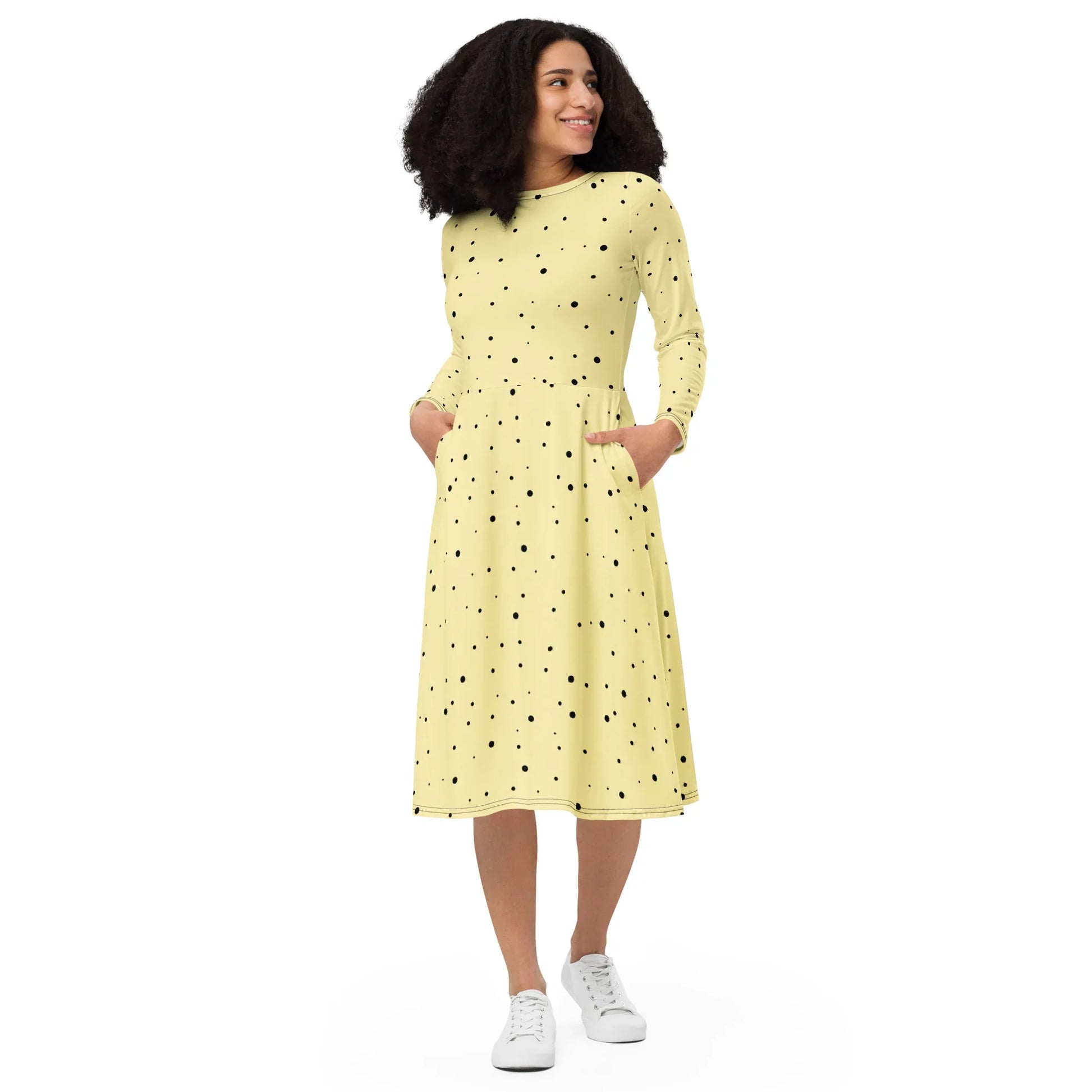 Cream and Black Polka Dot Dress With Long Sleeves YVDdesign Cream and Black Polka Dot Dress With Long Sleeves YVDdesign