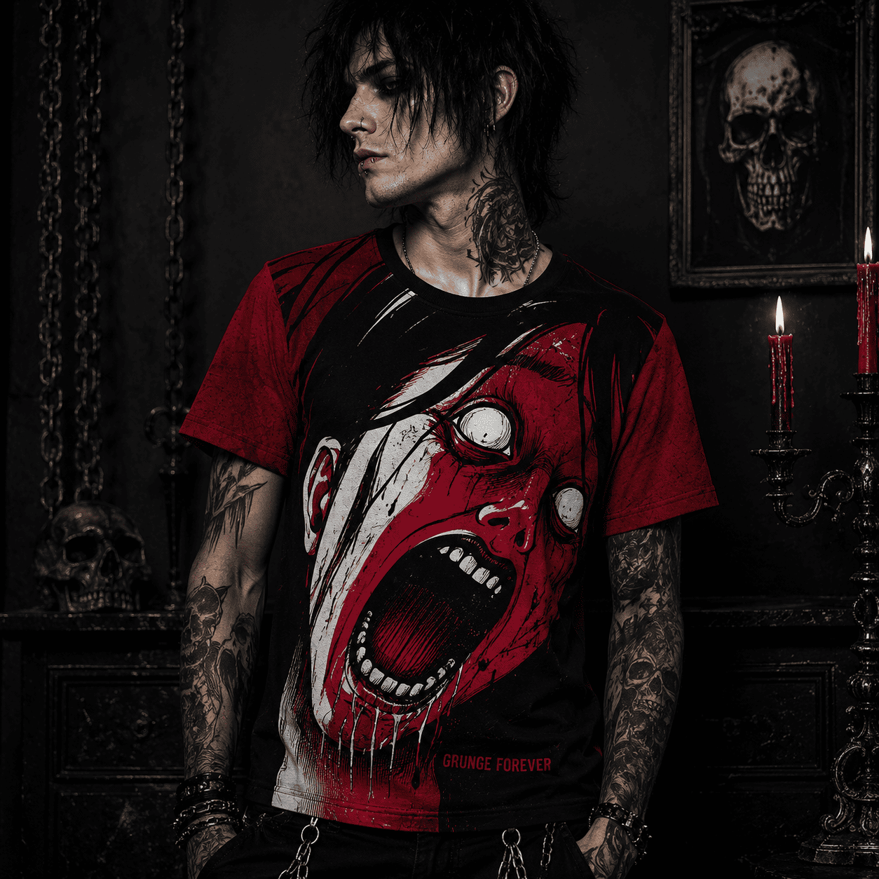 edgy men's all-over-print t-shirt screaming zombie grunge art