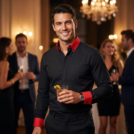 elegant black long sleeve shirt with red cuffs for men at celebration