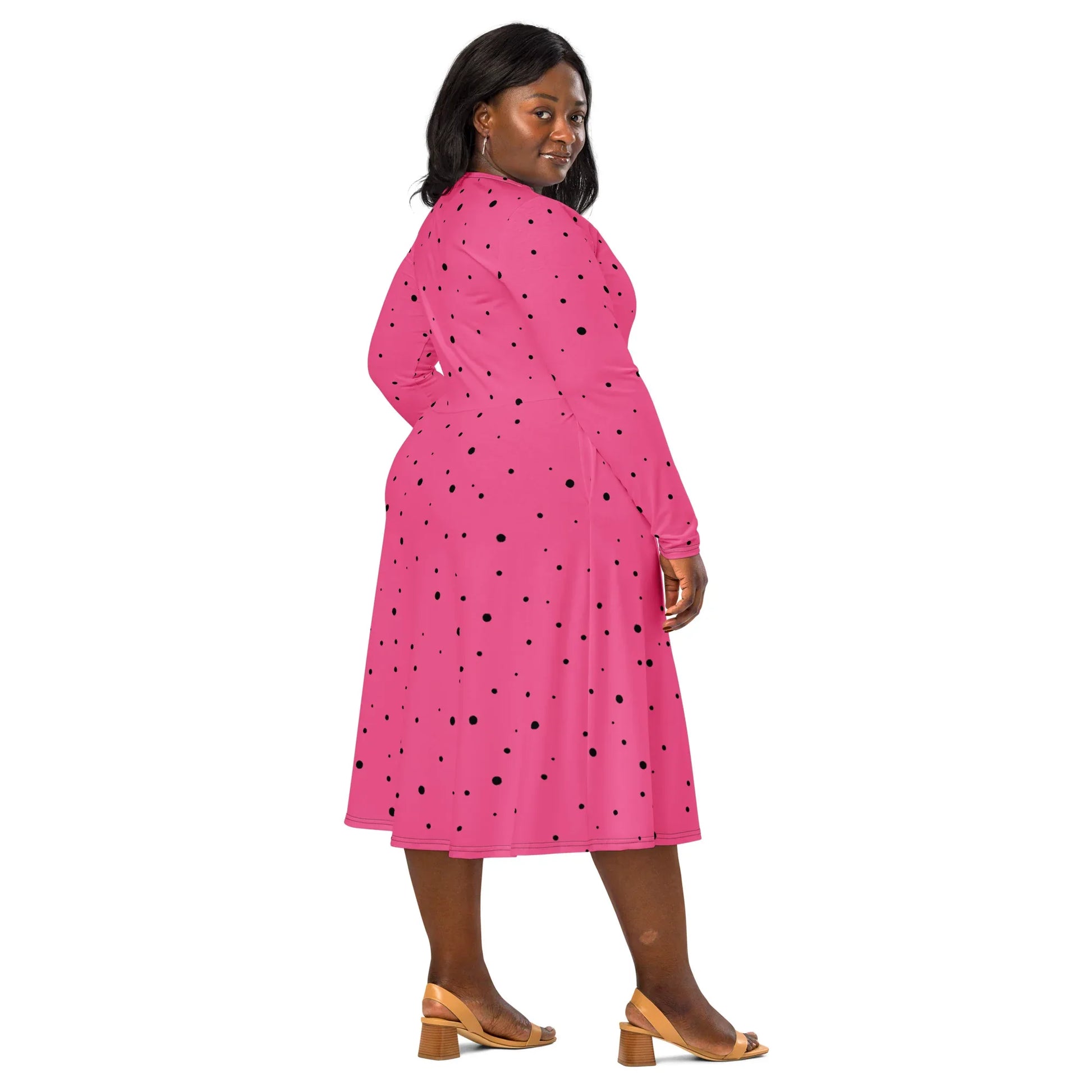 Pink and Black Polka Dot Long Sleeve Midi Dress L Pink and Black Polka Dot Long Sleeve Midi Dress L