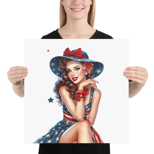 Retro Style Poster American Vintage Woman in Patriotic Dress