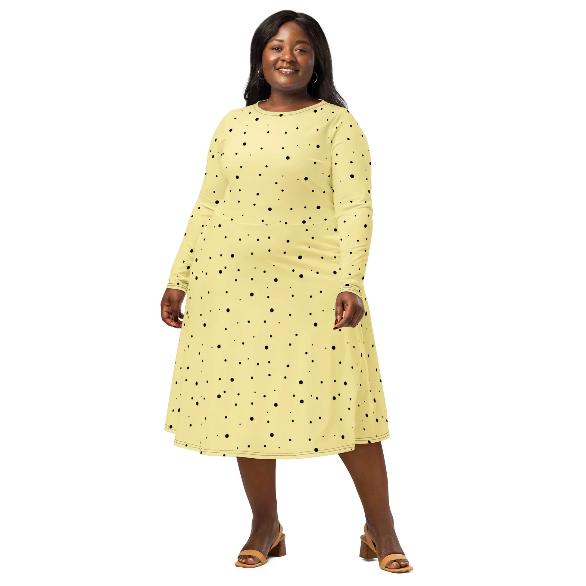 Cream and Black Polka Dot Dress With Long Sleeves YVDdesign Cream and Black Polka Dot Dress With Long Sleeves YVDdesign