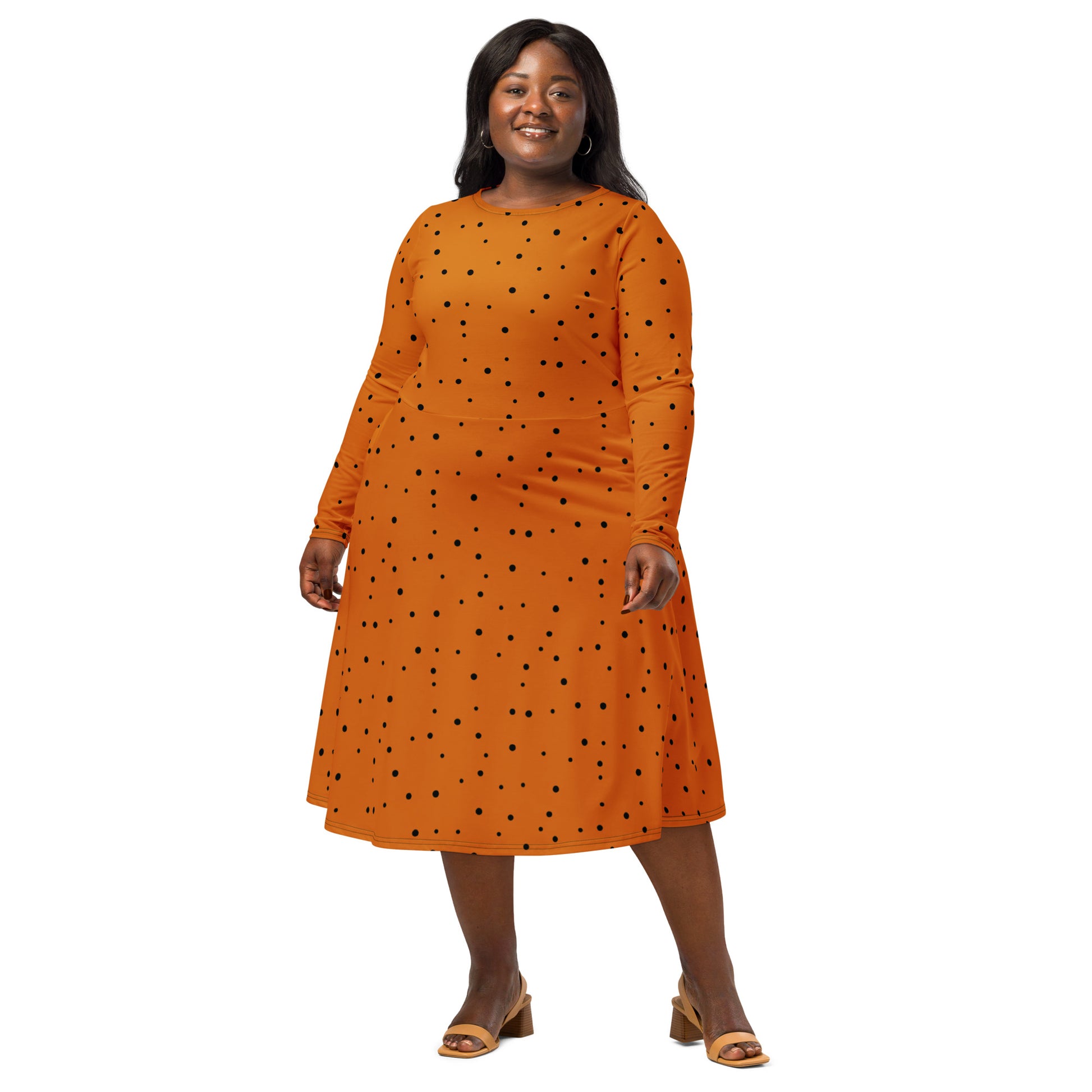 fitted waist flared skirt dress orange black dots