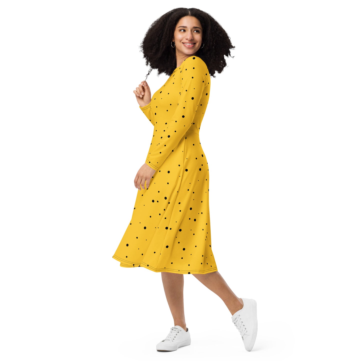 flared midi dress yellow black dots