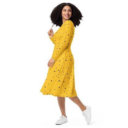 flared midi dress yellow black dots