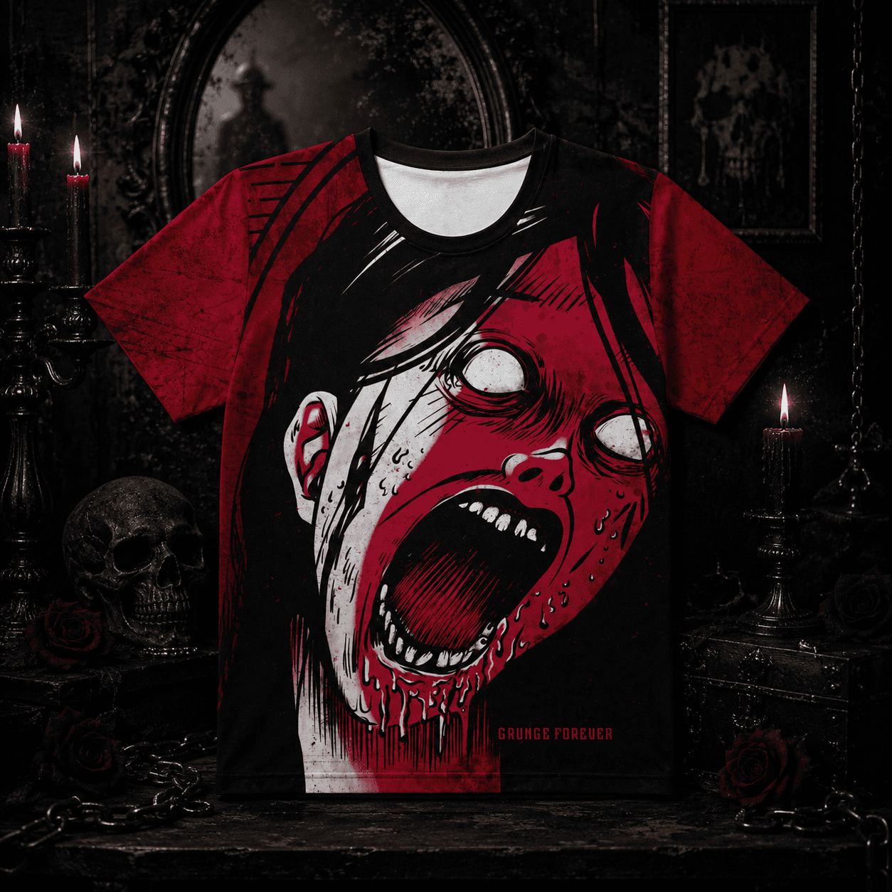 front view goth clothing women soft stretch polyester horror t-shirt