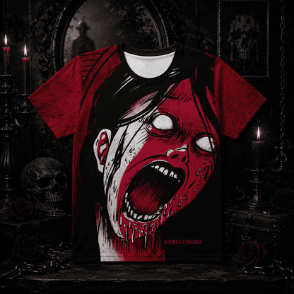 front view goth clothing women soft stretch polyester horror t-shirt